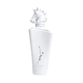 Lattafa Maahir Honor 100ml by Lattafa — White perfume bottle with a horse head stopper, tied with a white ribbon, inside an open white box with a cutout flap | Lattafa Maahir Honor 100ml by Lattafa — Botol minyak wangi putih dengan penutup kepala kuda, diikat dengan reben putih, di dalam kotak putih terbuka dengan