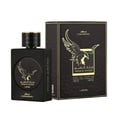 Lattafa Malik Al Tayoor Concentrated 100ml — Black perfume bottle with gold cap and eagle emblem, next to its black and gold patterned box with matching emblem. | Lattafa Malik Al Tayoor Concentrated 100ml — Botol minyak wangi hitam dengan penutup emas dan lambang helang, bersebelahan kotak corak hitam dan emasnya
