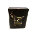 Lattafa Malik Al Tayoor Concentrated 100ml — Black perfume bottle with gold cap and eagle emblem, next to its black and gold patterned box with matching emblem. | Lattafa Malik Al Tayoor Concentrated 100ml — Botol minyak wangi hitam dengan penutup emas dan lambang helang, bersebelahan kotak corak hitam dan emasnya