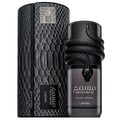 Lattafa Musamam Black Intense 100ml by Lattafa — Black snake coiled around a dark perfume bottle, with a textured black case in the background. | Lattafa Musamam Black Intense 100ml by Lattafa — Ular hitam melilit botol minyak wangi gelap, dengan bekas bertekstur hitam di latar belakang.