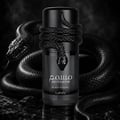 Lattafa Musamam Black Intense 100ml by Lattafa — Black snake coiled around a dark perfume bottle, with a textured black case in the background. | Lattafa Musamam Black Intense 100ml by Lattafa — Ular hitam melilit botol minyak wangi gelap, dengan bekas bertekstur hitam di latar belakang.