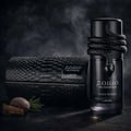 Lattafa Musamam Black Intense 100ml by Lattafa — Black snake coiled around a dark perfume bottle, with a textured black case in the background. | Lattafa Musamam Black Intense 100ml by Lattafa — Ular hitam melilit botol minyak wangi gelap, dengan bekas bertekstur hitam di latar belakang.