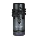 Lattafa Musamam Black Intense 100ml by Lattafa — Black snake coiled around a dark perfume bottle, with a textured black case in the background. | Lattafa Musamam Black Intense 100ml by Lattafa — Ular hitam melilit botol minyak wangi gelap, dengan bekas bertekstur hitam di latar belakang.