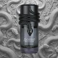 Lattafa Musamam Black Intense 100ml by Lattafa — Black snake coiled around a dark perfume bottle, with a textured black case in the background. | Lattafa Musamam Black Intense 100ml by Lattafa — Ular hitam melilit botol minyak wangi gelap, dengan bekas bertekstur hitam di latar belakang.