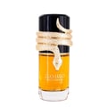 Lattafa Musamam Eau De Parfum 100ml by Lattafa — A golden snake coils around a clear glass perfume bottle filled with amber liquid, next to a textured brown cylindrical case with a snake-skin pattern. | Lattafa Musamam Eau De Parfum 100ml by Lattafa — Ular emas melilit botol minyak wangi kaca jernih berisi cecair