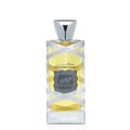 Lattafa Oud Mood Reminiscence 100ml — A cylindrical grey box with silver ornate patterns and a silver ribbon handle stands next to a clear glass perfume bottle with a silver cap, wrapped in white ribbon. | Lattafa Oud Mood Reminiscence 100ml — Kotak kelabu silinder dengan corak perak berhias dan pemegang reben perak