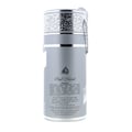 Lattafa Oud Mood Reminiscence 100ml — A cylindrical grey box with silver ornate patterns and a silver ribbon handle stands next to a clear glass perfume bottle with a silver cap, wrapped in white ribbon. | Lattafa Oud Mood Reminiscence 100ml — Kotak kelabu silinder dengan corak perak berhias dan pemegang reben perak