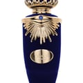 Emaan Lattafa dark blue unisex perfume gold accessories white background closeup front