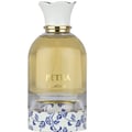 Lattafa Petra edp, botol kaca kuning tutup putih, motif biru kecil