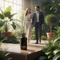 Ajayeb Dubai Lattafa edp on wooden table garden setting couple walking behind