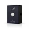 Al Ameed Lattafa edp packaging white background closeup side angle black box