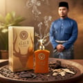 Al Noble Wazeer Lattafa cawan oren talam kayu berbentuk rusa dikelilingi asap