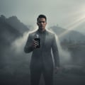 Man in suit holding Ameer Al Arab Asdaaf edp misty mountain background