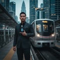Man in suit holding Ameer Al Arab Asdaaf edp near train station platform