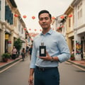 Man holding Ameer Al Arab Asdaaf edp in street surrounded red lanterns buildings