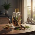 Ameer Al Oudh Intense Lattafa edp bottles on wooden table surrounded greenery decor