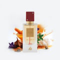 Ana Abiyedh Rouge Lattafa edp perfume bottle surrounded flowers spices white background