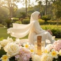Angham Lattafa edp, taman mawar, perempuan berhijab pakai baju putih duduk