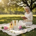 Perempuan berhijab baca buku dekat botol Angham Lattafa edp, bunga, taman