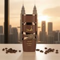 Asad Bourbon Lattafa coklat perfume atas meja biji kopi pemandangan bandar senja keemasan