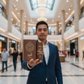 Lelaki biru pegang Asad Bourbon Lattafa edp pembungkusan coklat latar belakang mall