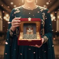 Woman holding Atheeri Lattafa gift box clear glass fragrance gold packaging