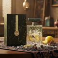 Atlas Lattafa edp botol kaca kotak hijau lemon iris atas meja