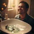 Lelaki senyum pegang botol kaca Atlas Lattafa edp di sink dekat