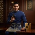 Lelaki pakai baju tradisional biru pegang Awraq Al Oud Lattafa pembungkusan emas