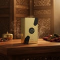 Awqat Al Oud Lattafa pembungkusan emas meja kayu dikeliling asap dupa rempah