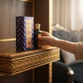 Azeezah Lattafa perfume bottle on ornate table blue sofa setting closeup