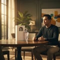 Man sitting at table beside Maahir Legacy Lattafa edp fragrance modern room setting