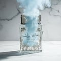 Pure Musk Lattafa edp on cracked glass marble surface surrounded smoke cloud overhead