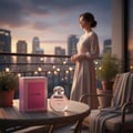 Perempuan pakai gaun beige atas balkoni sunset dekat Charm LaMuse Lattafa