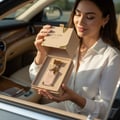 Woman holding Eclaire Lattafa edp in car seat showing pink gold packaging open
