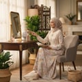 Woman in hijab holding Eclaire Lattafa edp beside dresser home interior