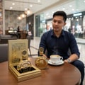 Lelaki duduk meja, pegang kopi, botol Fakhar Extrait Lattafa emas