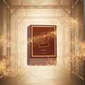Khamrah Qahwa Lattafa brown perfume packaging gold light surrounded sparks floating