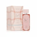 Hayaati Florence Lattafa edp pink glass fragrance bottle next to packaging box white peach