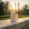 Hayaati Gold Elixir Lattafa minyak wangi skyline bandar matahari terbenam Malaysia