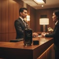 Hayaati Men Lattafa edp kaunter resepsi hotel, lelaki sut senyum