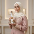 Perempuan berhijab pegang Her Confession Lattafa EDP perfume dekat potret depan
