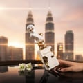 Her Confession Lattafa edp dipegang, pemandangan skyline KL sunset, bunga berhampiran