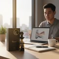 His Confession Lattafa minyak wangi pembungkusan hitam-emas meja pejabat dekat laptop