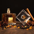 Khamrah Lattafa unisex edp surrounded spices wooden table closeup side front brown