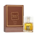 Khamrah Qahwa Lattafa brown packaging clear glass amber liquid unisex fragrance wooden