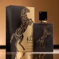 Lail Maleki Lattafa unisex edp black packaging reflective surface brown background closeup