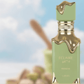 Eclaire Pistache Lattafa green glass unisex fragrance gold cap closeup side view