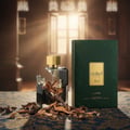 Ejaazi Lattafa green gift box next clear glass fragrance gold cap dark liquid