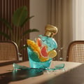 Opulent Dubai Lattafa perfume dikelilingi buah, air pecah, meja kayu